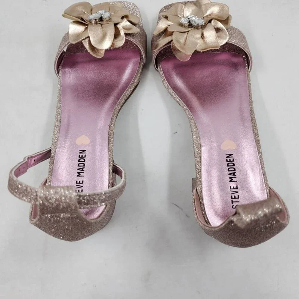 Steve Madden Lessa Flower Embellished Block Heel Sandals Girl's 4 Rose Gold